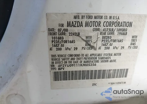 2001 Mazda Tribute Es V6/Lx V6 z USA, uszkodzony, nr VIN 4F2YU09111KM05356